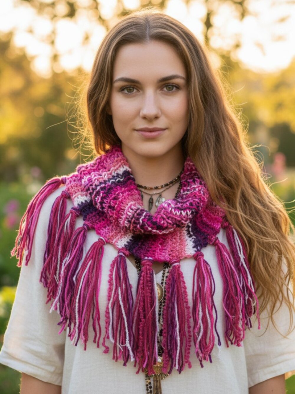 NEW Hand Knitted Pink Fuchsia Boho Cowl Scarf Fringe Indie Artsy Fairy Coquette